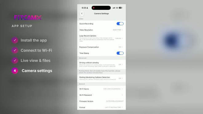 FITCAMX camera settings with 4K resolution and sound recording enabled