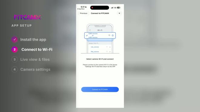 FITCAMX app screen for connecting to the camera Wi-Fi